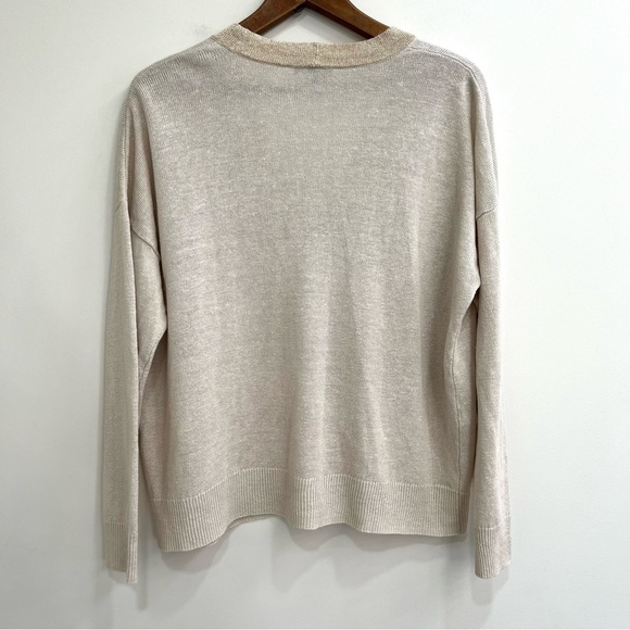Eileen Fisher Organic Linen V-neck Cardigan Bone Sparkle Trim Size Large $248 - Picture 2 of 11